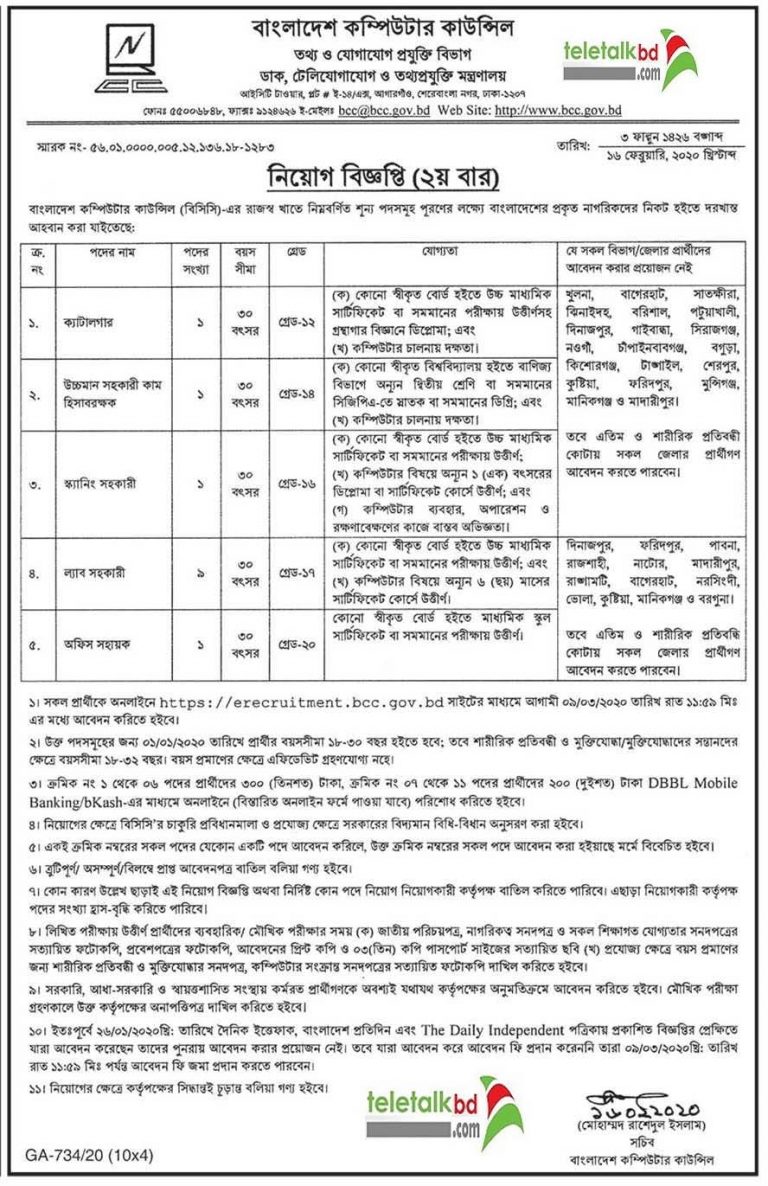 Bangladesh Computer Council Job Circular 2020  Teletalkbd